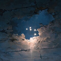 Night Sky View Through Cracked Ceiling, Urban Setting, Hopeful