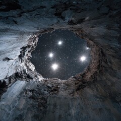 Night sky view through a hole in a ruined tower, stars visible, possible fantasy art