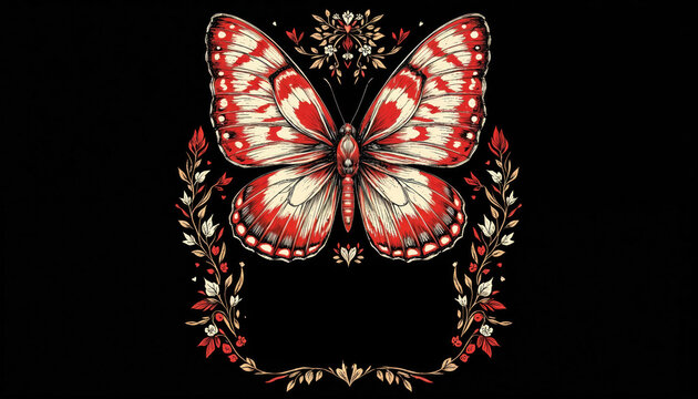 Striking graphic design features stylized red, white butterfly framed by delicate floral elements on black background. Artwork, reminiscent of hand-drawn illustrations, perfect for apparel, print - Powered by Adobe