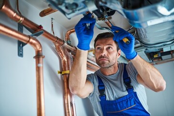 Plumber repairing water heater plumbing pipes home repair services installation work