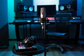 Professional recording studio setup with microphone headphones and music production gear