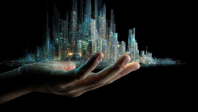 A hand holds a digital city (3)