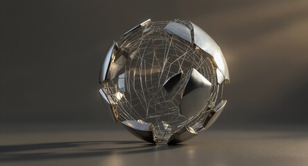 Abstract Metallic Sphere with Fragmented Metal Plates and Wireframe Structure  Futuristic Glob