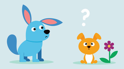 Fototapeta premium Character and a Dog The same character stands perplexed next to a playful puppy wagging its tail. The character asks Is this a rabbit The dog looks up with a goofy expression while