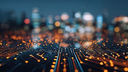 Futuristic cityscape circuit board