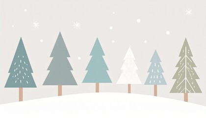 Fototapeta premium Pastel Winter Landscape with Snowflakes and Coniferous Trees Illustration on Light Background