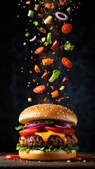 Delicious Burger with Flying Ingredients