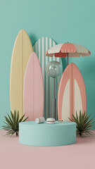 Pastel surfboards with a beach umbrella and accessories on a teal colored podium