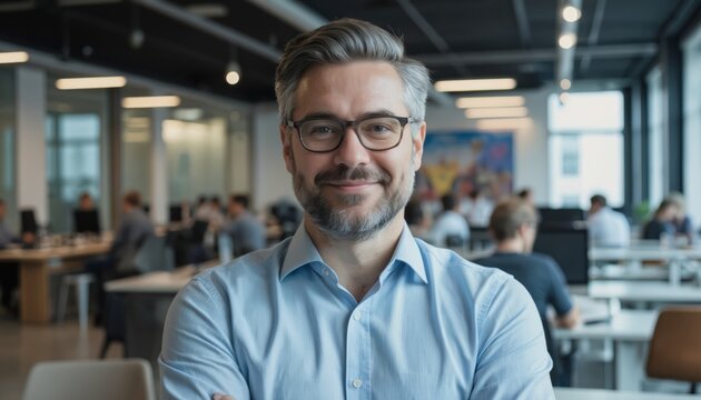 Man, social media manager, digital marketing agency. Creates engaging content. Pro, smiling, wearing blue shirt, glasses. Modern office setting with colleagues working. Represents business, teamwork,