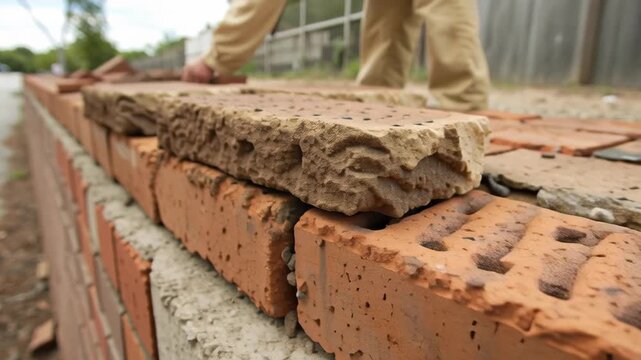 Damaged red brick masonry on outdoor construction site with worker building rough textured walls showing weathered and cracked surfaces