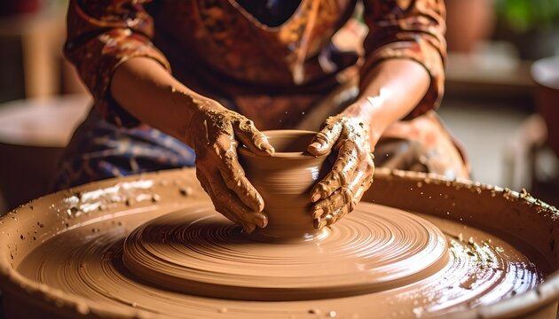 Close-up of a potter's hands skillfully shaping a wet clay pot on a traditional spinning pottery wheel in a workshop.