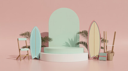 Pastel beach scene featuring surfboards palm leaves and a round podium for product display