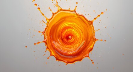 Bright Orange Liquid Splash Abstract Art with Spiraling Flow and Scattered Droplets on Clean Ba