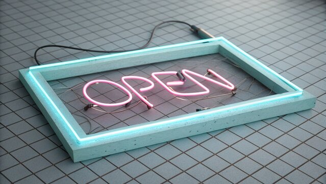 Bright Pink and Blue Neon Open Sign Illuminated on a Tiled Floor Perfect for Business and Welc