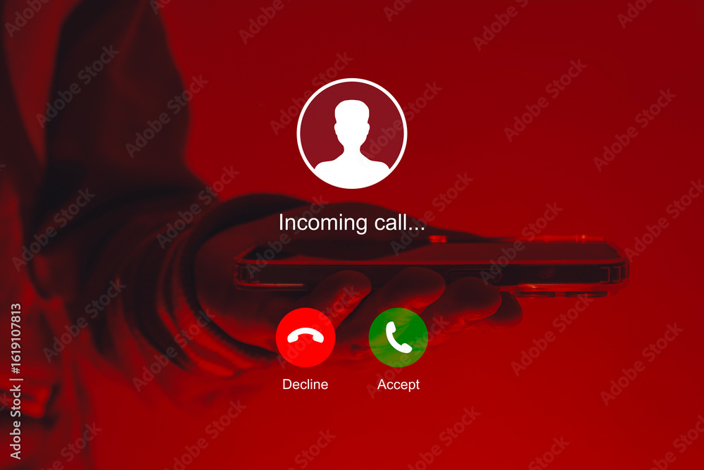 Poster incoming call graphic interface design overlaid on a smartphone with red neon studio lighting. a clo