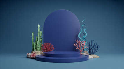 3d render of a blue podium surrounded by colorful coral and marine vegetation