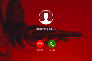 Incoming call graphic interface design overlaid on a smartphone with red neon studio lighting. A close-up of a man holding a phone in his hand and accepting a call.