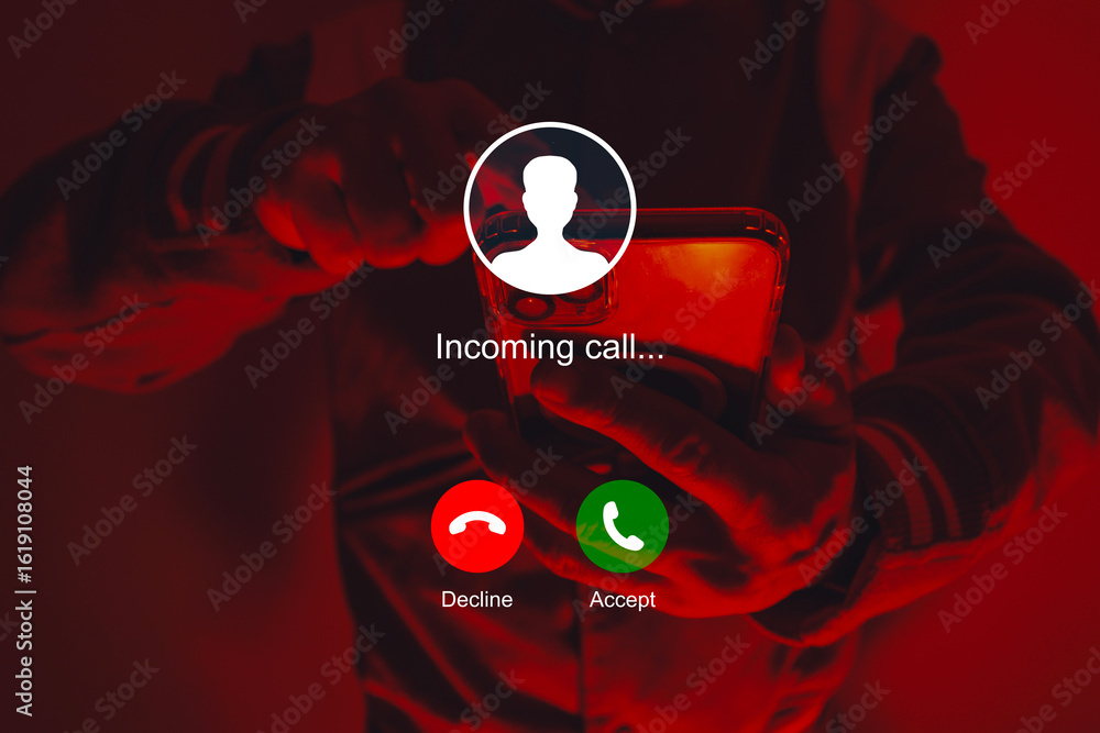 Poster mysterious incoming call on smartphone in person's hands with decline or accept design overlay. conc