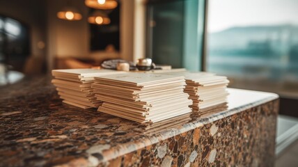 Elegant Stacks of Beige Stationery on a Unique Speckled Countertop in a Modern Space