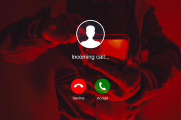 Mysterious incoming call on smartphone in person's hands with Decline or Accept design overlay. Concept with cinematic studio lighting effect. Digital life and communication.