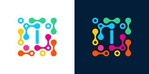 letter i logo design template with connecting circles. Science and medicine symbol with geometric dotted circles. Universal energy and technology vector icon.