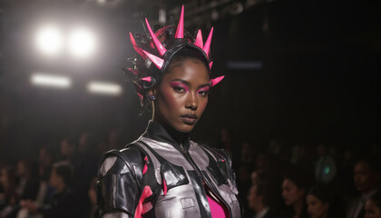 Striking model presents futuristic fashion with neon accents, bold makeup on runway. Contemporary style outfit combines metallic silver, black materials with bright pink details. Dramatic lighting