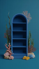 Blue shelf podium display surrounded by coral reef elements and aquatic theme on turquoise