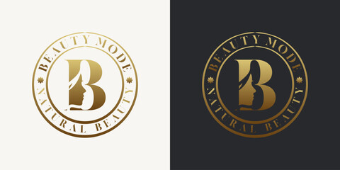 Fototapeta premium Elegant letter B logo featuring a woman's face silhouette in a gold gradient circular badge design. Ideal for beauty, fashion, skincare, and luxury branding.