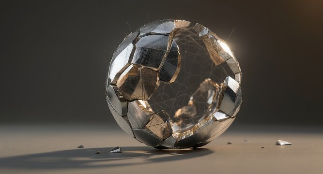 Digital Art of a Broken Silver Sphere with Complex Internal Structure Reflecting Concepts of C