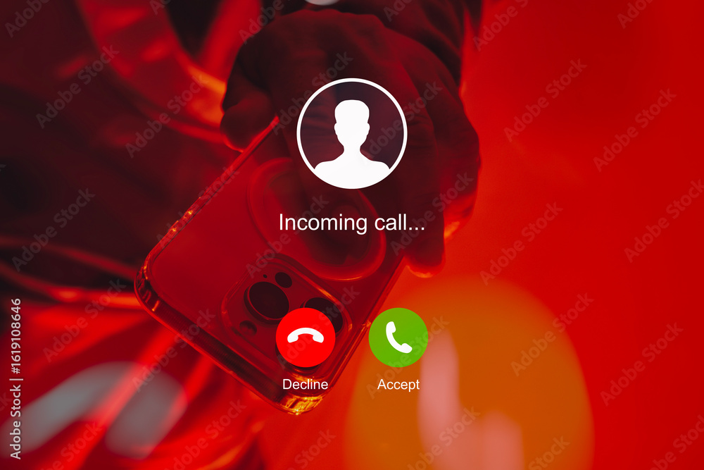 Poster mysterious incoming call on smartphone in person's hands with decline or accept design overlay. conc