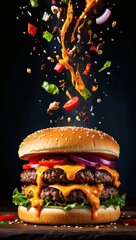 Gourmet double cheeseburger with melting cheddar and a dynamic explosion of fresh ingredients falling from above on a dark background.
