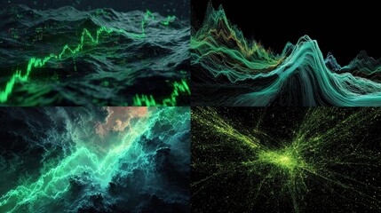 Abstract data visualization, four panels of swirling, textured, teal, and lime green patterns, with superimposed lines and dots, suggestive of movement and energy