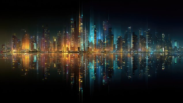 Futuristic city skyline reflecting at night; waterfront, digital art, website banner