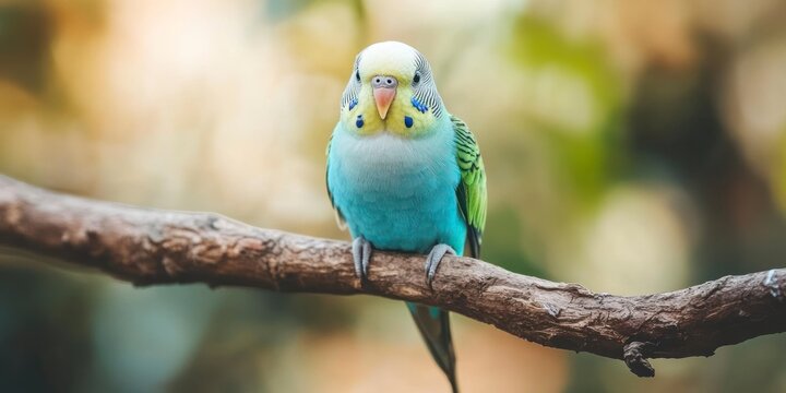 Close-up of a small parakeet perched on a branch, singing  