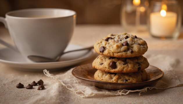 Three chocolate chip cookies stacked on plate next to white cup of coffee. Scattered chocolate chips and sugar crystals add detail. Blurred background with lit candles creates warm, cozy atmosphere.
