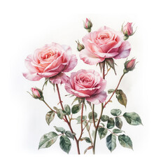 Delicate pink roses .Watercolor digital illustration. A bouquet of flowers is isolated on white background. Wedding theme, birthday, Valentine's day and mother's day, to express love and appreciation