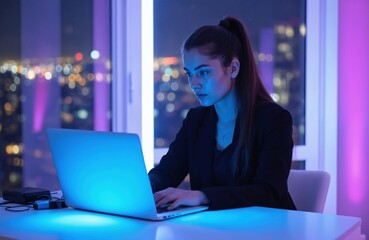 Young woman with ponytail works on laptop at desk in brightly lit room at night. Blue, purple neon lights illuminate, focusing on concentrated expression, stylish attire. City lights bokeh visible