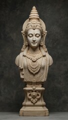Studio portrait of ornate Hindu goddess bust. Stone carving displays intricate details of deity, spiritual, religious Indian art. Feminine face, serene expression, elaborate headdress, jewelry