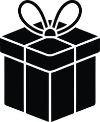 Black and white graphic of a gift box with a bow present ribbon