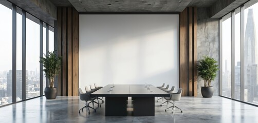 Modern office conference room features sleek design, large projector screen, city views. Includes stylish furniture, plants, ample natural light, promoting collaboration, professionalism in clean,