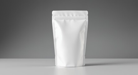Blank white stand-up pouch mockup on a gray background Perfect for showcasing product packagin