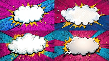 Four vibrant comic book-style speech bubbles on textured backgrounds with contrasting colors, stars, and dynamic lines, perfect for adding text