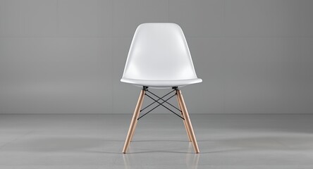 Modern White Minimalist Chair with Wooden Legs on Grey Background - Contemporary Furniture Desi