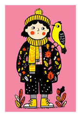 Naklejka premium Cheerful Child in Colorful Outfit with Bright Yellow Bird on Pink Background