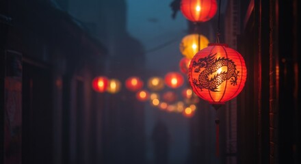 dragon sign | A serene alleyway adorned with glowing red lanterns featuring dragon designs, shrouded in mist, creating a mystical atmosphere during a quiet evening stroll