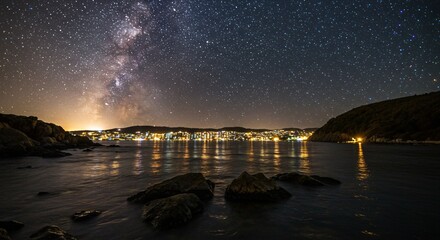 the milky is shining over the water and rocks