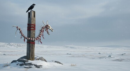 dragon sign | A crow perched on a wooden totem adorned with a dragon skull and red ribbons, set against a snowy landscape under a gray sky, evoking themes of mythology and nature