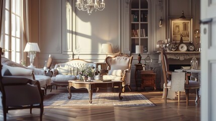 Elegant light filled antique living room