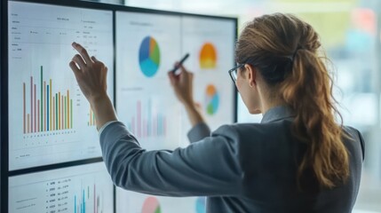 Businesswoman analyzing statistical financial charts on digital screens