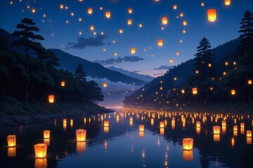 A magical night with floating sky lanterns over a tranquil river during a traditional festival celebration.